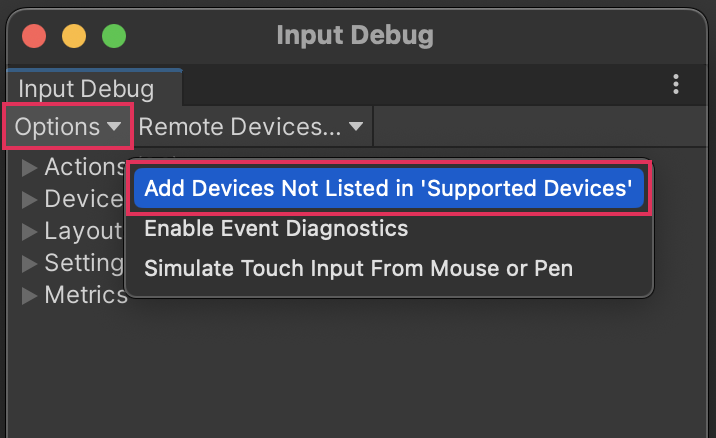 The Input Debugger appears with Add Devices Not Listed In Supported Devices selected from the Options dropdown menu.