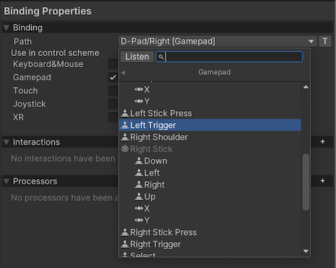The Binding Properties panel displays the control picker window available from the Path dropdown menu.
